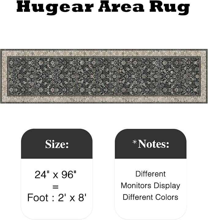 HUGEAR 2x8 Runner Rug Machine Washable Black Beige Hallway Area Rug Indoor Accent Rugs Floral Low Pile Carpet Soft Throw Rugs Bedroom Living Room Office Dining Kitchen Laundry Non Slip