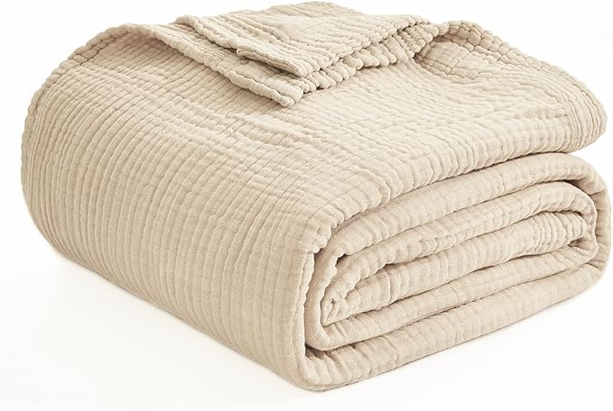 EMME Cotton Blanket Queen Size for Bed Soft Muslin Bed Blankets 90"x90" Light Tan Lightweight Breathable Bedspread Coverlet All Season Gauze