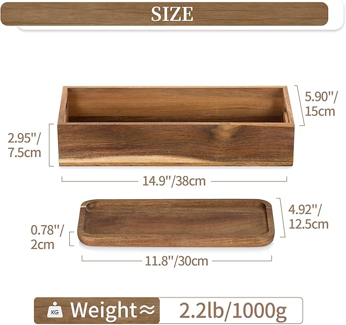 Hanobe Bathroom Toilet Tank Basket: Wood Acacia 2pcs Toilet Paper Topper with Vanity Tray Back of Organizer Toiletry Storage Holder Box
