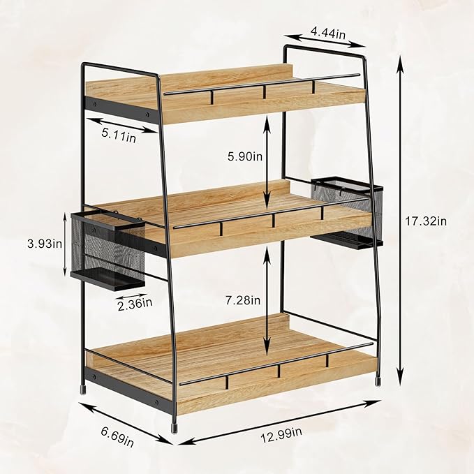 3 Tier Bathroom Counter Organizer with Side Baskets, Wood Countertop Vanity Shelf,Sturdy Metal Frame fits Tall Bottles