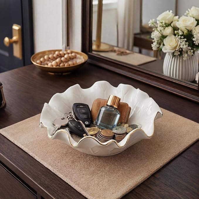 2 Pack White Lotus Ceramic Decorative Bowls 7.48 x 2.56 Inch Ruffle Lotus Leaf Scalloped Bowl with Gold Trim for Coffee Table Counter Keys Coins Catchall