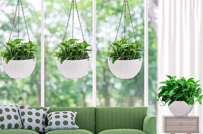Foraineam 4 Pack 8.2 inch Self-Watering Hanging Planters, Garden Flower Plant Pot Container, Hanging Basket Planter with Drainer and Chain for Indoor Outdoor Use, White