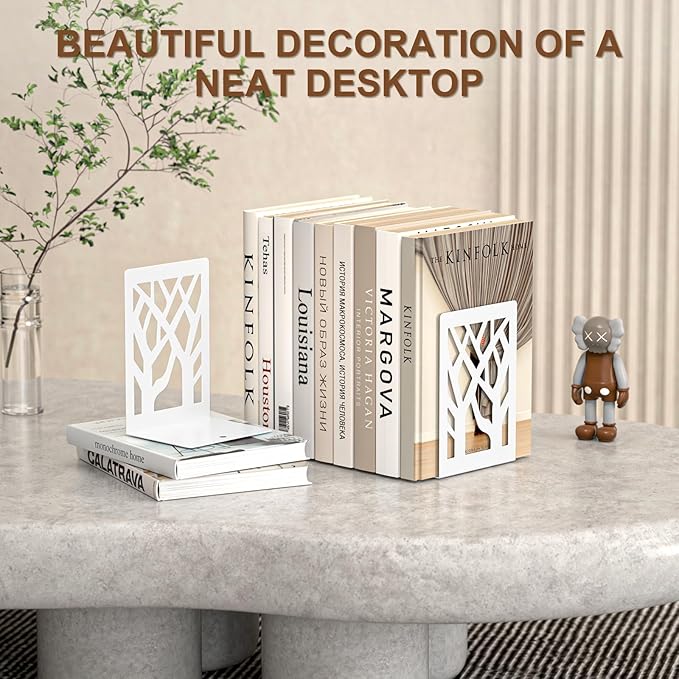 VFINE Withe Bookend 6-Piece, Tree Design Bookends for Shelves, Metal Book Ends for Desk, Decoration Stylish Bookshelf Bookends for Home Office School Supplies