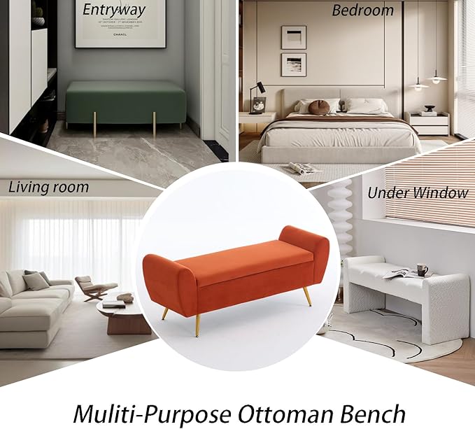 Storage Bench for Bedroom, 55" Extra Long Bench for King Size Bed, Modern Upholstered End of Bed Ottoman Bench with Arms for Entryway Living Room (Velvet, Orange)
