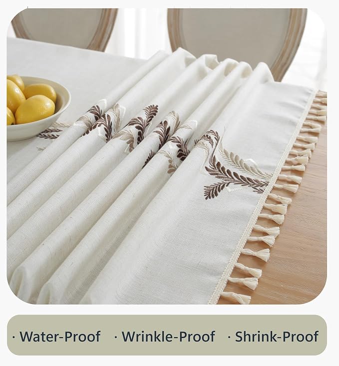 Alsoo Embroidered Tablecloth Square 55 x 55 Inch, Washable Waterproof Wrinkle Free Table Cloth Cotton Linen Fabric with Tassel for Kicthen Dining Outdoor Picnic