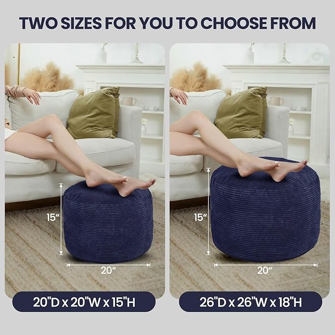 Round Pouf Ottoman Foot Rest with Foam Chunk Filling, Corduroy Ottomans for Living Room Floor Poufs (20"x15",Navy Blue)