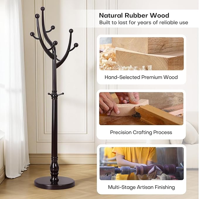 Freestanding Rubberwood Coat Rack, 11 Hooks & 16.5" Wide Round Base, Wooden Coat Rack Stand, Coat Hanger Free Standing Hall Tree for Entryway, Hallway, Bedroom, Jacket, Clothes (Wine Red)