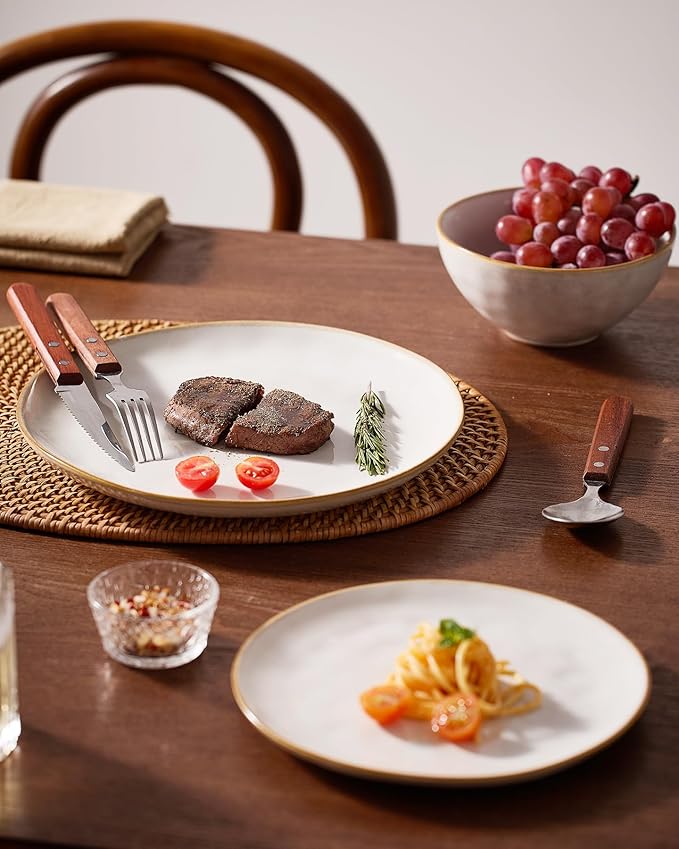 Famiware Dinnerware Sets for 4, Ocean Round 12-Piece Kitchen Plates and Bowls Sets, Reactive Glaze, Microwave and Dishwasher Safe, Scratch Resistant, Cappuccino White