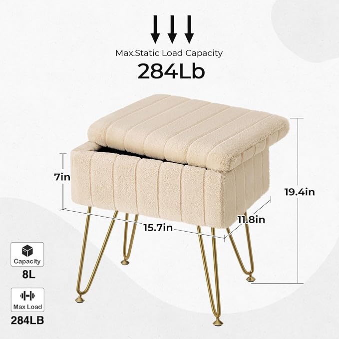 Greenstell Vanity Stool Chair Faux Fur with Storage, 15.7"L x 11.8"W x 19.4"H Soft Ottoman 4 Metal Legs with Anti-Slip Feet, Furry Padded Seat, Modern Multifunctional Chairs for Makeup, Bedroom,Camel