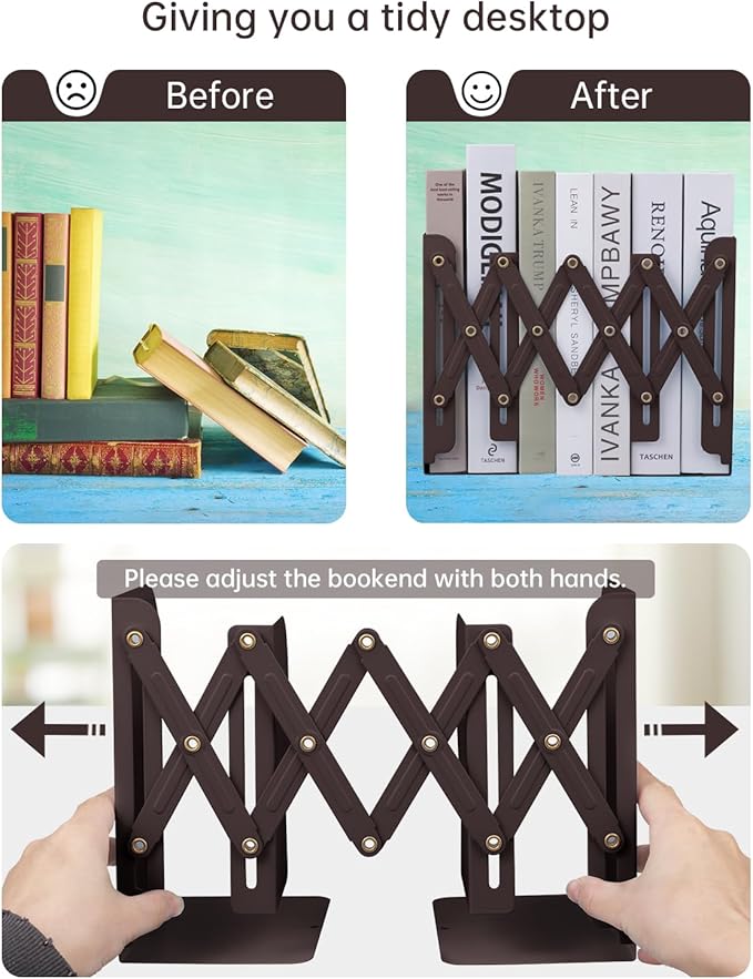 Honagu Adjustable Bookends, Metal Book Ends for Shelves Heavy Book, Desk Magazine File Organizer for Home, Office, Books, Papers, Extends up to 19 inches, for Students,Teachers (Brown)