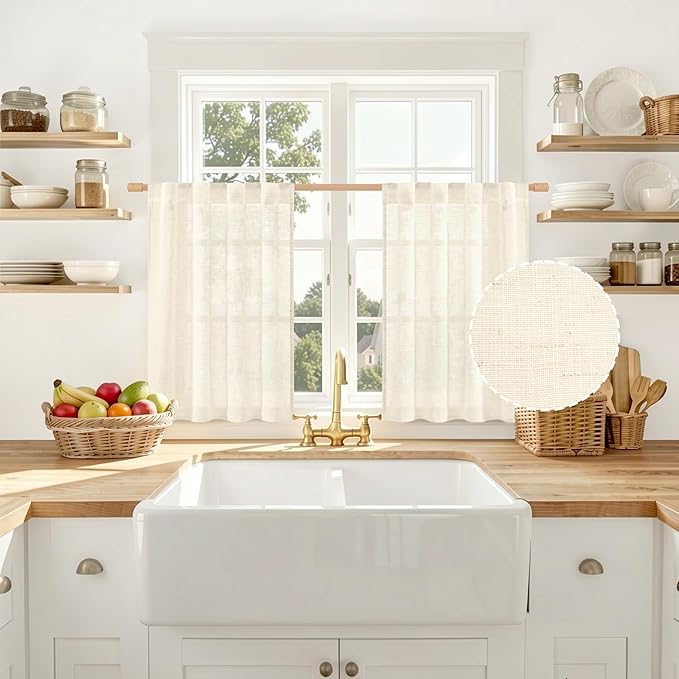 LAMIT Beige Linen Cafe Curtains 30 Inch Length for Small Windows, Light Filtering Semi Sheer Drapes Back Tab and Rod Pocket Short Panels for Kitchen/Bathroom/Basement, 2 Panels, 34 x 30 Inch