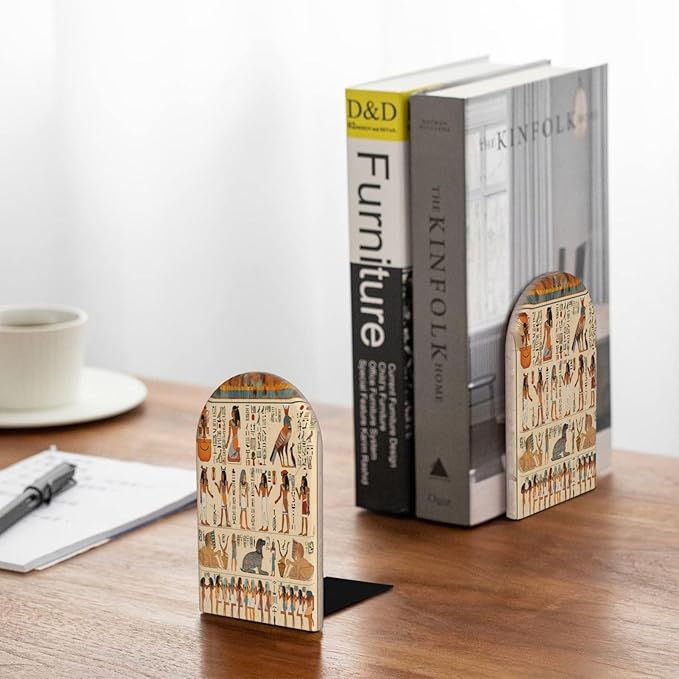 Decorative Bookends 2 Pcs Egyptian Hieroglyphs Egypt Themed Wood Bookends for Shelves Heavy Books Kids Non-Skid Book Ends Stoppers for Office Desk Kitchen School
