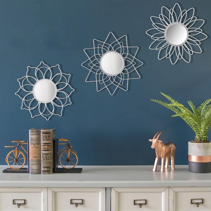 Silver Mirrors for Wall, 9 inch Metal Flower Mirrors Home Valentine Decoration, Valentine Wall Art Decorative Mirror Small Mirror for Living Room Bedroom, Entrance Set of 3