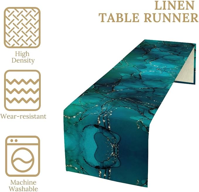 Turquoise Marble Table Runner, Teal Blue Gold River Textured Modern Abstract Art Table Runner for Kitchen Dining Home Party Wedding Decor, 13x120 Inch