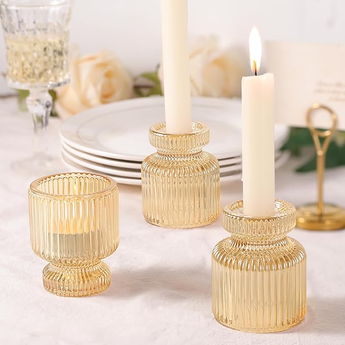 DARJEN 12 Pcs Glass Candlestick Holders- Gold Taper Candlestick Holders Tealight Votive Candle Holders for Table Centerpieces, Wedding, Dinner Party, Home Decor