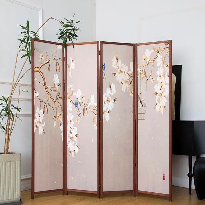 4 Panel Room Divider, 5.6 ft Tall Blackout Folding Privacy Screen - Freestanding Partition Wall with Double-Sided Patterns, Graceful Floral and Bird Artwork for Home Office (67" H x 63" W)