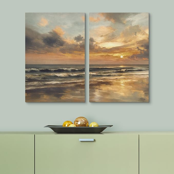SIGNLEADER Canvas Print Wall Art Set Golden Sunset Seascape Illustrations Modern Relax/Calm Multicolor for Living Room, Bedroom, Office - 24"x36" x 2