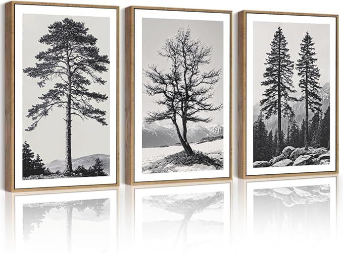 PHOPAGO Vintage Antique Tree Framed Wall Art Large 16x24in Black and White Retro Forest Wall Decor Nature Wilderness Sketch Paints Modern Decor - Natural Framed