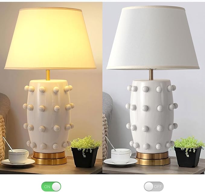 Modern Ceramic Linden Table Lamp - 30" White Ball Farmhouse Design, Classic Nightstand Large Linden Lamp Tapered Drum Shade for Living Room, Bedroom, Office, and Home （White）
