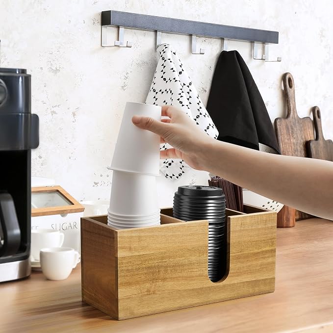 ALELION Large Acacia Wood Coffee Cup Organizer for Disposable Cups, Lids and Stir Sticks - 3-Compartment Countertop Cup Holder Storage Rack for Coffee Station, Kitchen, Office