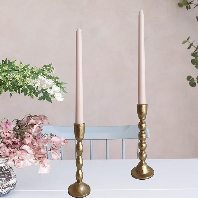 Antique Iron Taper Candle Holders - Set of 2 Decorative Candlesticks, Brass Finish Candle Stand for Weddings, Dining, and Parties