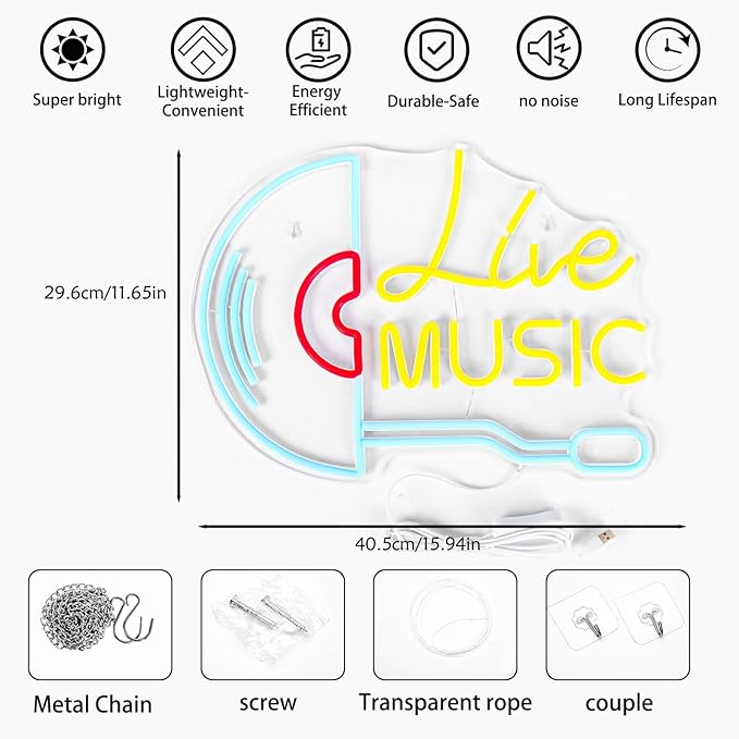 Live Music Neon Sign Handcrafted LED Neon Lights for Bar, Man Cave, Nightclub & Music Room, USB Powered Acrylic Neon Sign for Home Bedroom, Music Stadio & Party Vibes