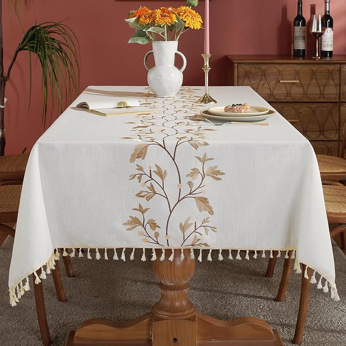 Laolitou Cotton Linen Waterproof Tablecloth for Dining Table Farmhouse Kitchen Rectangle Table Cloth Coffee Wrinkle Free Tables Cover, Beige, Coffee Flower, 55x120 Inch