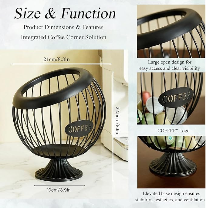 AIYICIII Tall Coffee Pod Holder with Base - Large Capacity Keurig K-Cup & Nespresso Vertuo Organizer, Metal Coffee Pod Storage, Coffee Bar Accessories and Decor (Tall - Black)
