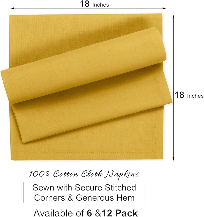 Ruvanti Cloth Napkins Set of 6, 100% Cotton High GSM 18x18 Inches Soft, Washable, Highly Durable & Absorbent, Perfect for Parties, Christmas, Thanksgiving Dinners – Spicy Mustard