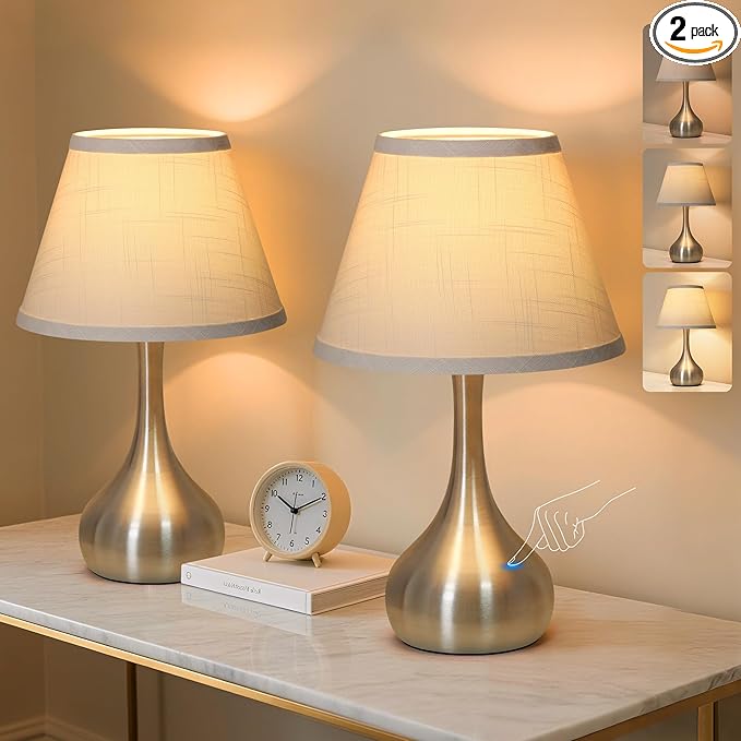 17” Touch Table Lamp for Bedroom Set of 2, 3-Way Dimmable Bedside Lamp for Nightstand, Modern Metal Desk Lamp with Linen Shade for Living Room, Kids Reading, Dorm, Home Office Decor, Bulb Included