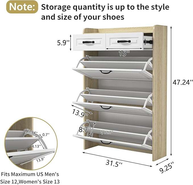 Large Shoe Cabinet for Entryway, Slim Hidden Shoe Storage Cabinet with 3 Flip Drawers and 2 Top Drawers,Shoe Rack Organizer Cabinet for Hallway, Brown and White