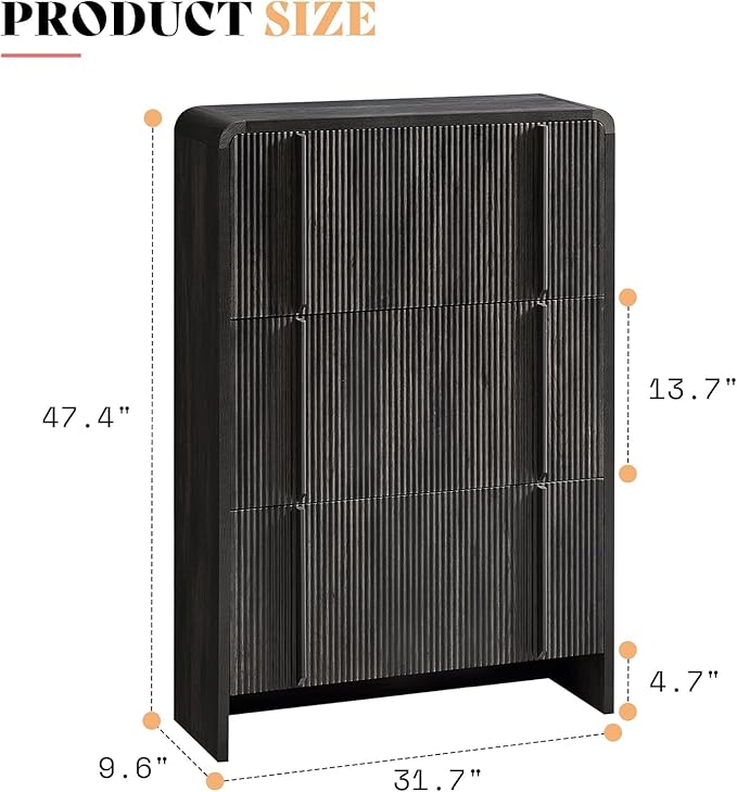 AMERLIFE Shoe Cabinet with 3 Flip Drawers, Fluted Shoe Organizer with Adjustable Shelf for Space-Saving, Freestanding Shoe Storage Rack for Entryway, Hallway, Black