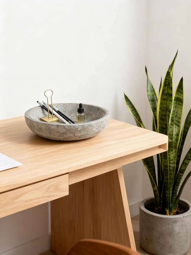 Silver Gray Travertine Bowl, 7.8" Modern Natural Stone Centerpiece for Industrial Home Decor, Handmade Fruit Bowl, Futuristic Tabletop Sculpture,Kitchen Counter, Entryway & Office Desk Organizer