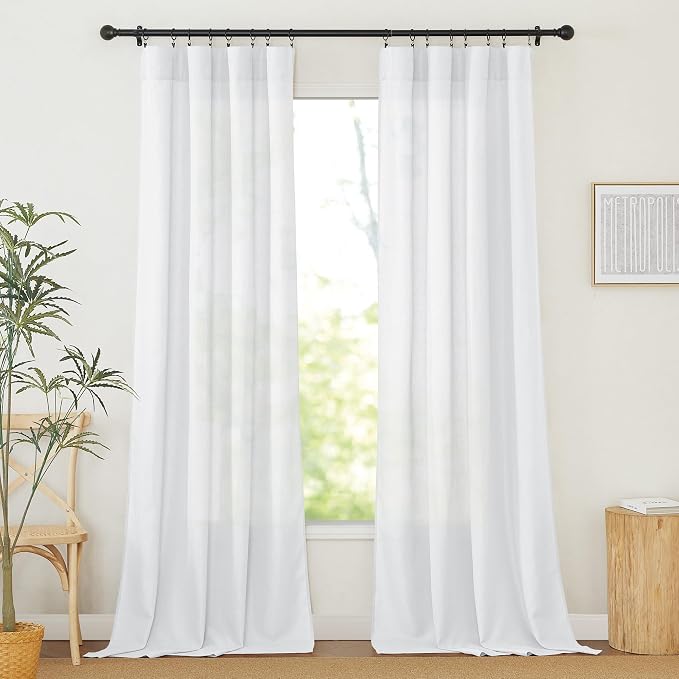 RYB HOME Linen Sheer Curtains 2 Panels for Living Room, Semi Transparent Privacy Drapes with Rod Pocket Farmhouse Style Window Treatments for Bedroom, White, 52" W x 90" L