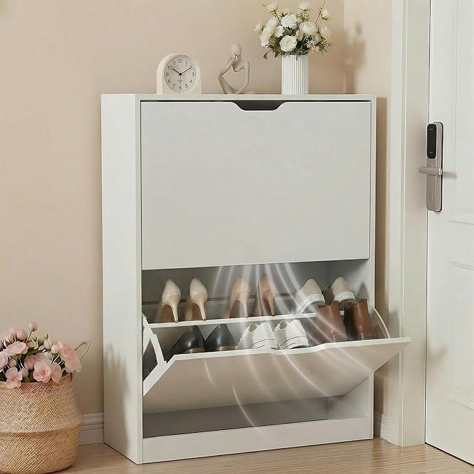 Shoe Cabinet Organizer with 2 Flip Drawers, Freestanding Narrow Rack with Adjustable & Removable Shelves, Slim Shoe Storage for Entryway, Foyer, Hallway, White
