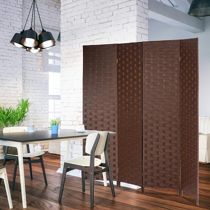 FDW Room Divider Wood Screen Mesh Woven Design Room Divider Folding Portable Partition Screen for Home Office (4 Panel, Brown)