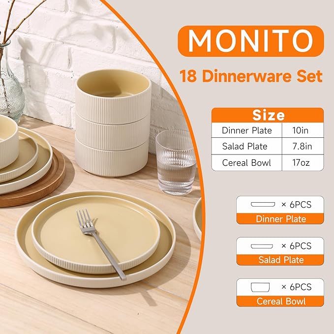 MONITO Ceramic Dinnerware Sets for 6, 18PCS Stoneware Plates and Bowls Sets, Reactive Glaze Dish Set, Chip and Scratch Resistant Double, Microwave and Dishwasher Safe, White Orange
