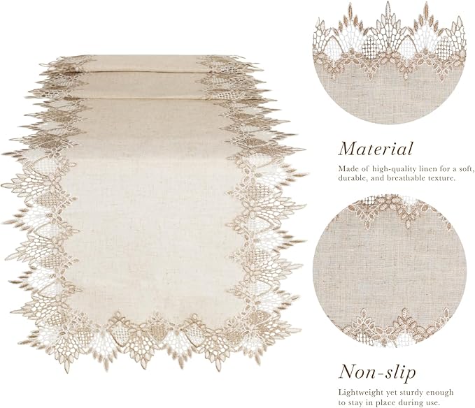 Phantomon Neutral Linen Table Runner 72 Inches Beige Embroidered Runner Lace Centerpiece for Dresser Tops, Dining Tables, Coffe Table and Home Decorations for Farmerhouse (Beige, 16 X 72 Inch)