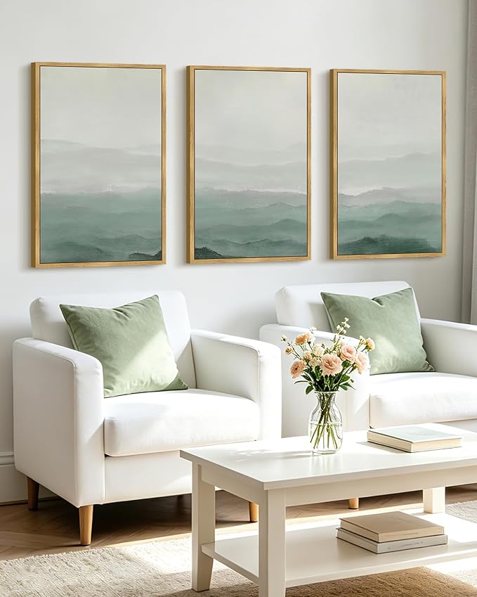 KUVIOKE Green Watercolor Mountains in Fog Framed Canvas Wall Art Wilderness Nature Landscape Artwork Painting Boho Rustic Scenic Relax Cool Room Decor for Bedroom Living Room 24x36in (Natural Framed)