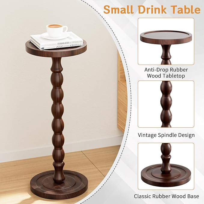 Rubber Wood Round Side Table, Solid Wood Small Drink Table for Small Spaces, Modern Accent Tables, End Tables for Living Room, Bedroom and Office (Dark Walnut, 9.4 Inch)