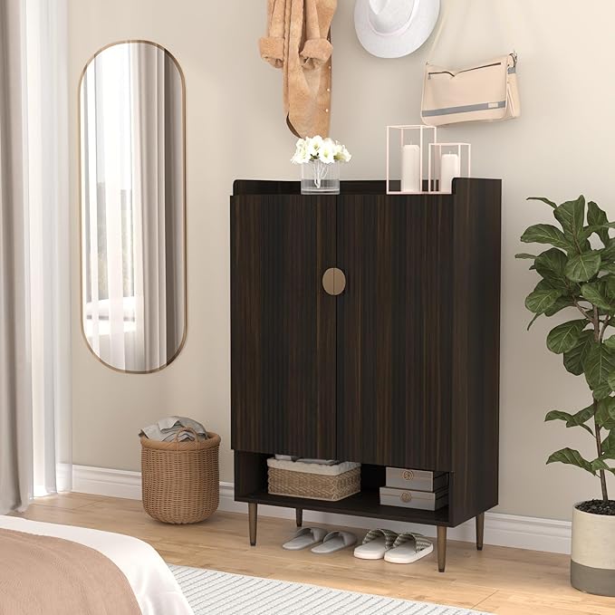 HLR Shoe Cabinet Storage for Entryway, 6-Tiers Modern Shoes Cabinet with Fluted Doors, Wood Shoes Rack with Adjustable Shelves, Shoe Organizer for Front Door Entrance, Living Room, Brown