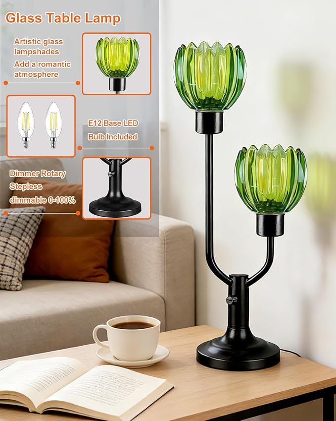 Lightdot Mid Century Modern Glass Green Table Lamp Black Dimmable Desk Lamps with Lotus Glass Shades 2 Bulbs Included 3000K Warmwhite Bedside Nightstand Ambiance Lamp for Living Room Bedroom