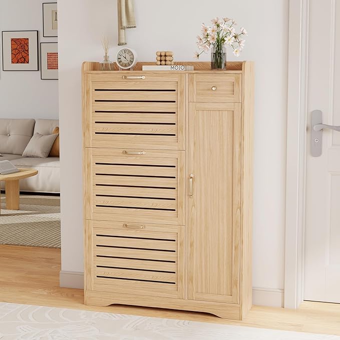 Narrow Shoe Cabinet Storage for Entryway, Hidden Shoe Rack Cabinet with Doors, 3 Flip Drawers & Adjustable Shelves, Thin Freestanding Boot Storage Closet Organizer, Ventilated Wood Design, Natural Oak