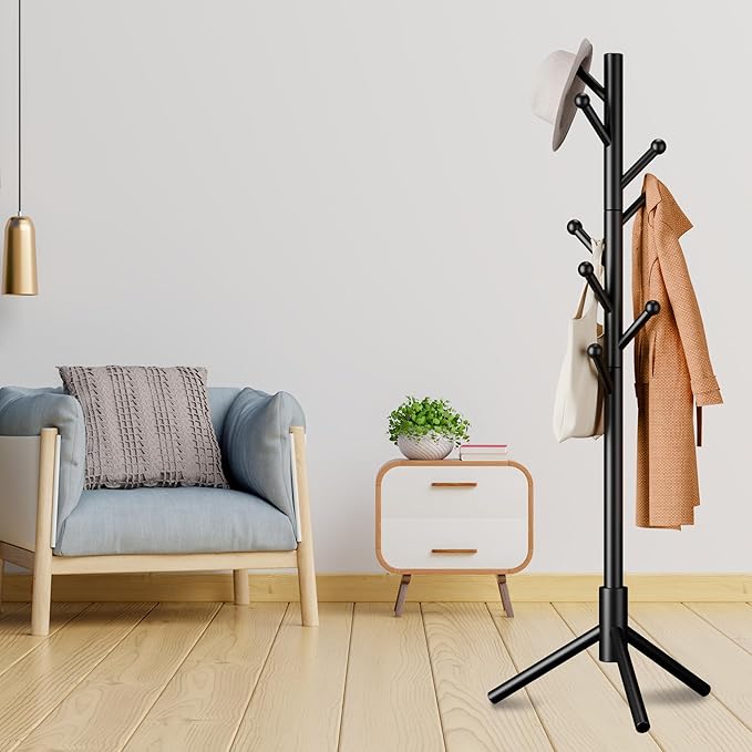 Coat Rack, Coat Racks Freestanding with 8 Hooks 3 Adjustable Heights for Clothes, Hats, Handbags, Coat Tree Easy Assembly for Entryway, Bedroom, Hallway, Office(Black)