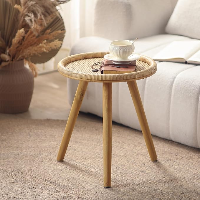 Small Side Table, Rattan Round Coffee Table, Boho Circle Side Tables End Table for Living Room, Mid Century Accent Table for Bedroom Balcony