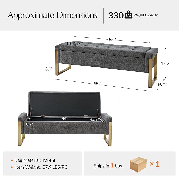 Modern Storage Ottoman Bench with Gold Metal Legs Upholstered Footrest End-of-Bed Bench with Hidden Storage, Hallway and Entryway Charcoal
