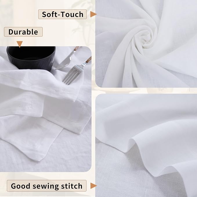 Linen Tablecloth for Rectangle Table with 4PCS Linen Napkins 100% Pure Linen Natural Dining Table Cloth Fall Halloween Thanksgiving Christmas Holiday Decor(White, 60" x 84")
