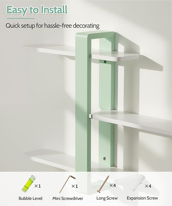 SUMGAR Green Floating Shelves for Wall Mounted Shelving Unit All Pine Wood 3 Tier Large Shelf for Bedroom Living Room Office Bathroom Home Decoration Storage Plant Photo Display Modern 20in Mint Green