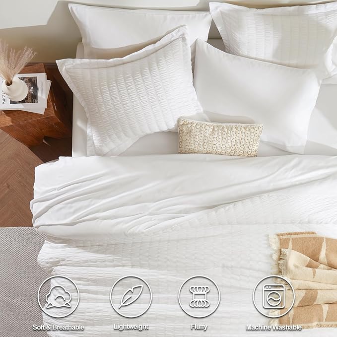 CozyLux King Size Comforter Set White Seersucker 7 Pieces Bed in a Bag King Comforter Set with Sheets, Luxury Soft Bedding Sets with Down Alternative Comforter, Sheets, Pillowcases & Shams All Seasons
