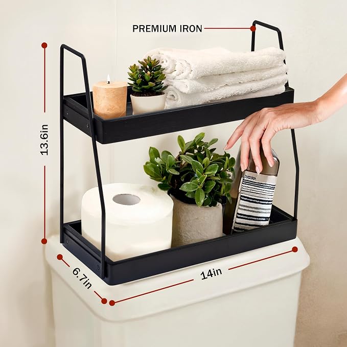 Acacia Bathroom Organizer Countertop 13.6 x 14 x 6.7 inches, 2-Tier Wood Counter Standing Rack, Countertop Storage Shelf for Organizing Bathroom Kitchen Office Desk Vanity Cosmetic Balcony (Black)